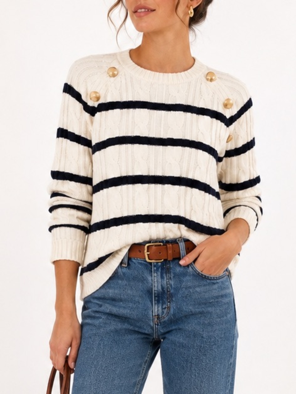 Talbots Cream Black Striped Cable Knit Sweater Nautical Gold Buttons | Large